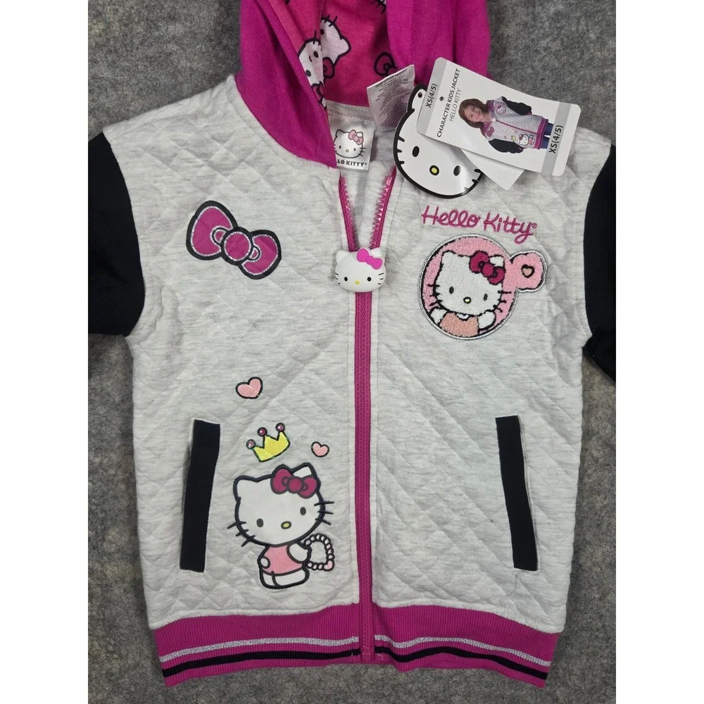 Hello Kitty Girls Quilted Zip Up Hoodie Jacket Grey Pink Black XS 4/5 New NWT